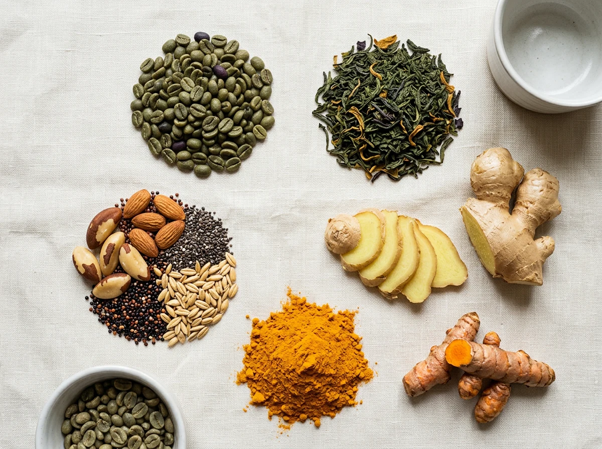 Flat-lay of natural plant extract supplement ingredients including green coffee beans, green tea and spices on cream linen