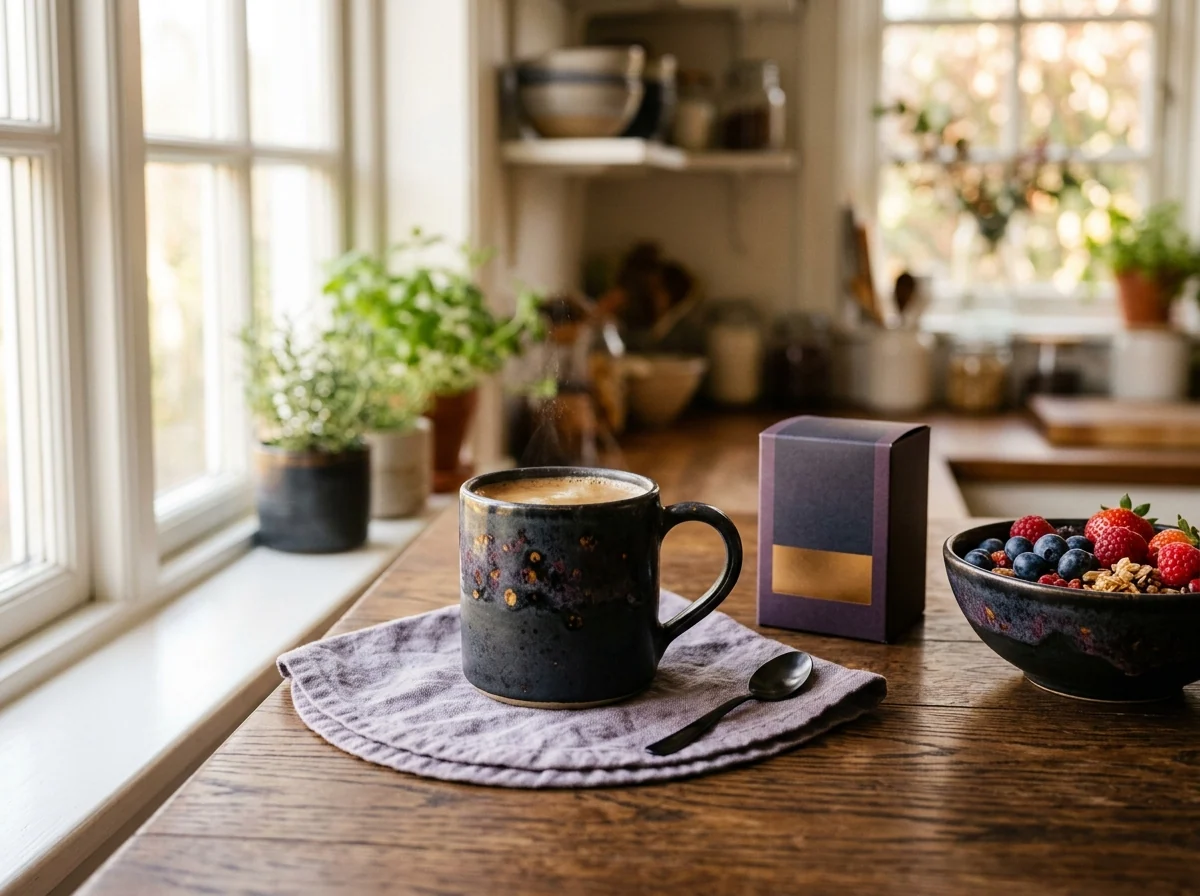 Warm morning wellness routine with supplement and coffee on a breakfast table